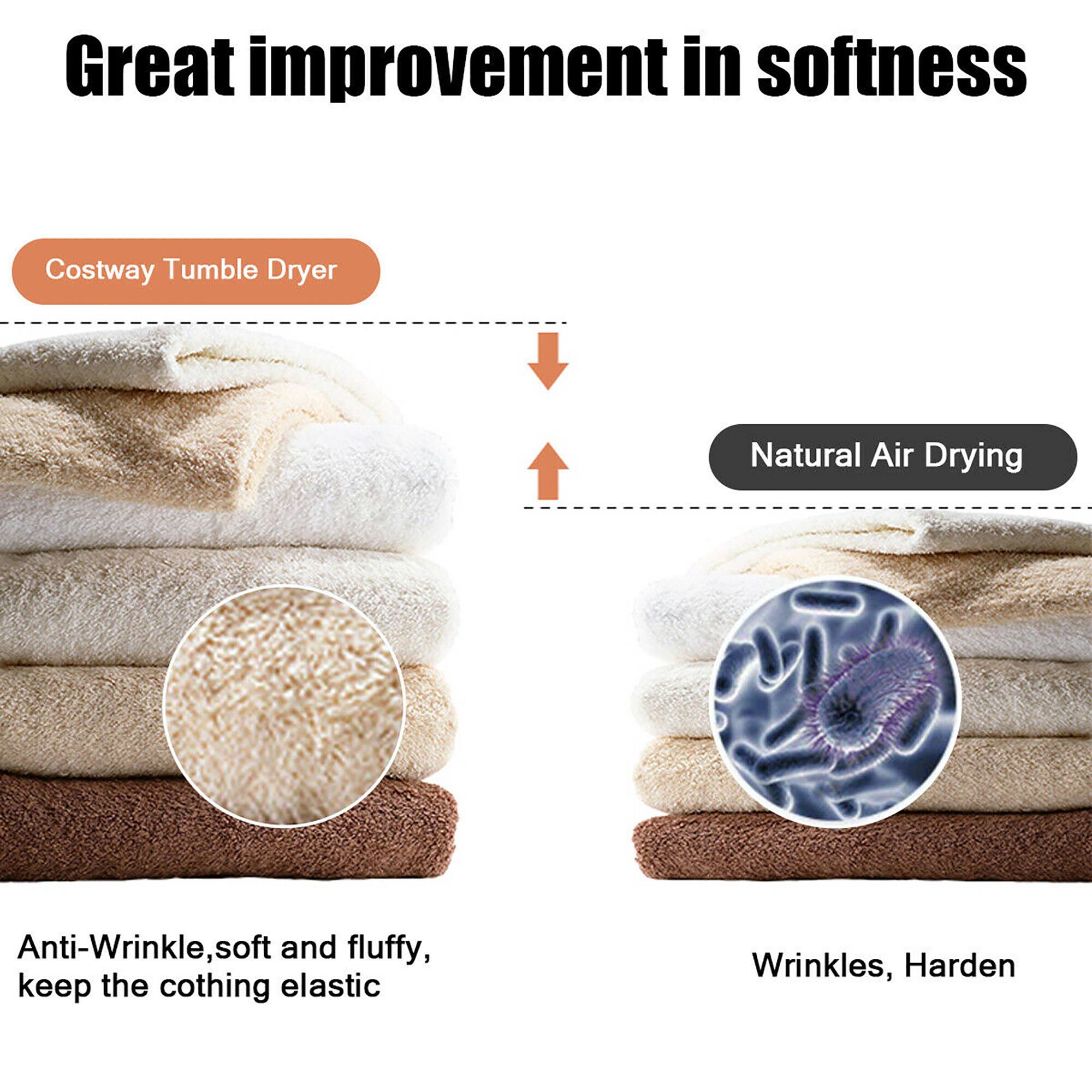 Great improvement in softness

Costway Tumble Dryer  
Natural Air Drying

Anti-Wrinkle, soft and fluffy, keep the clothing elastic

Wrinkles, Harden