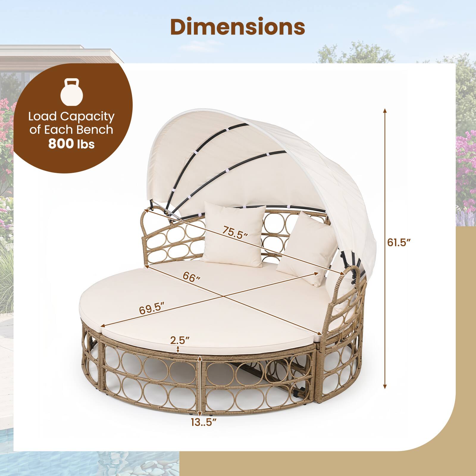 Dimensions  
Load Capacity of Each Bench: 800 lbs  
75.5" x 61.5" x 66" x 69.5" x 2.5" x 13.5"