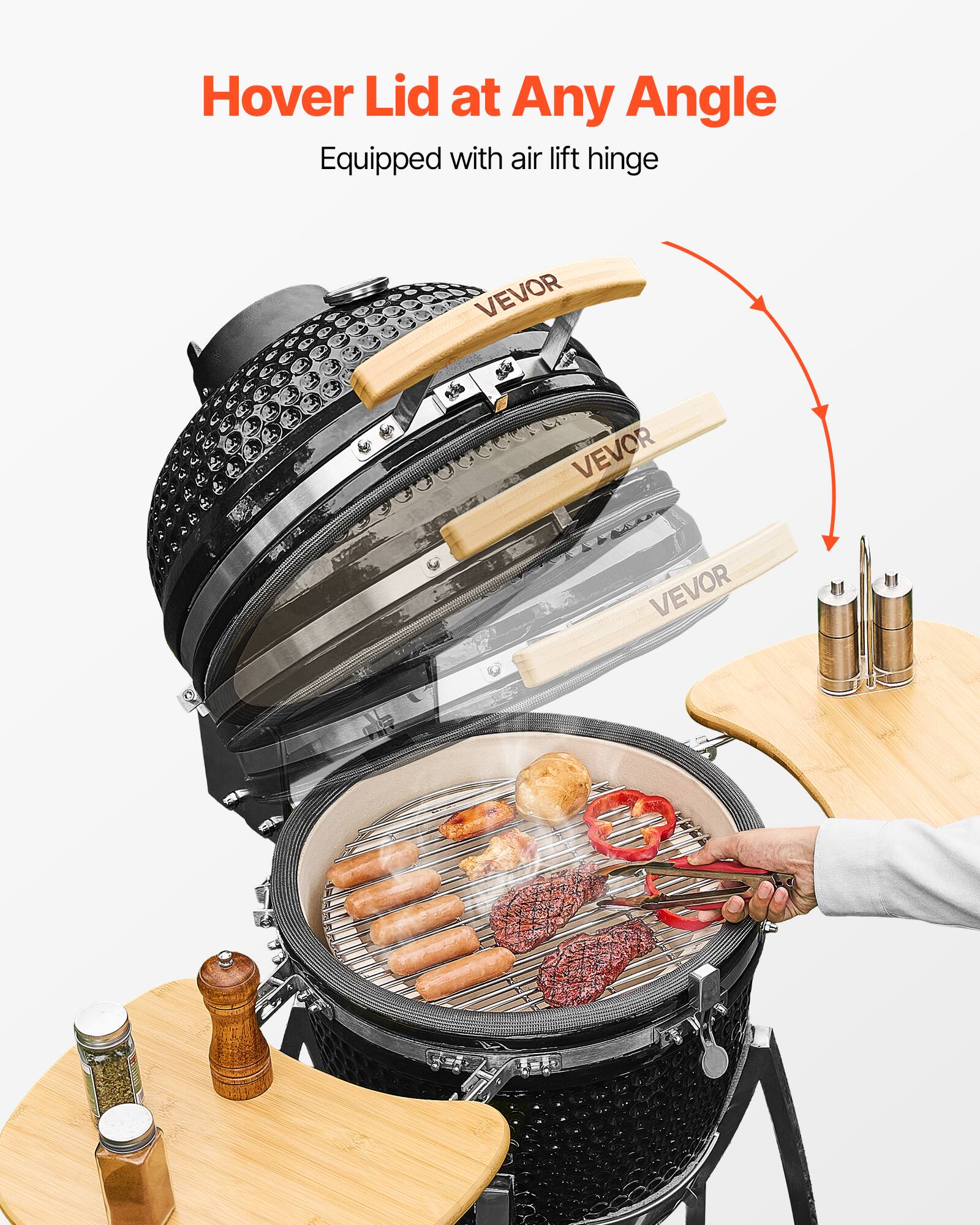 Hover Lid at Any Angle  
Equipped with air lift hinge