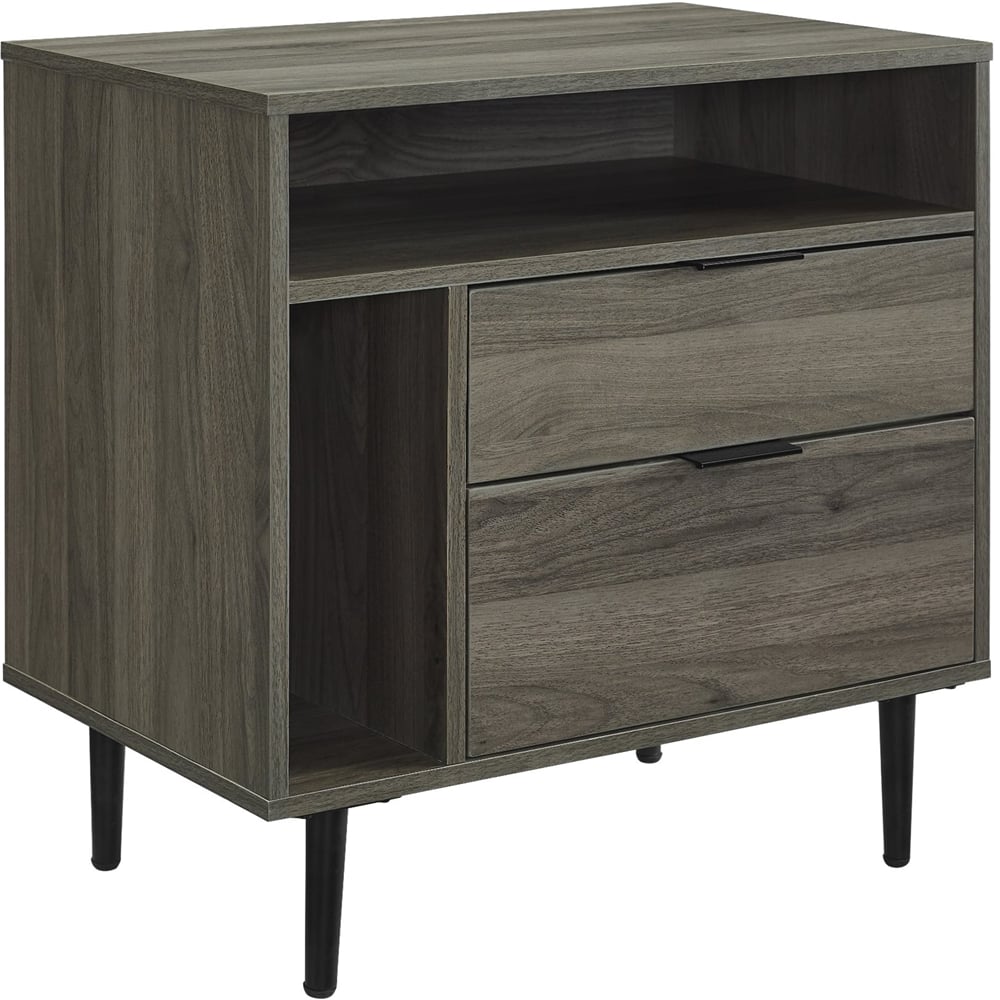 Left View: Walker Edison - Rectangular Mid-Century Modern High-Grade MDF 2-Drawer Side Table - Slate Gray