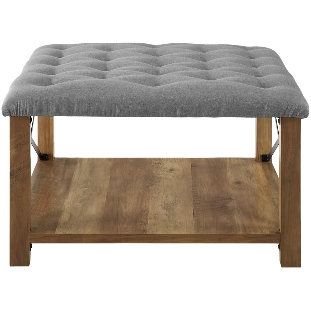 Walker Edison - Farmhouse Tufted Ottoman - Gray/Rustic Oak - Front_Zoom