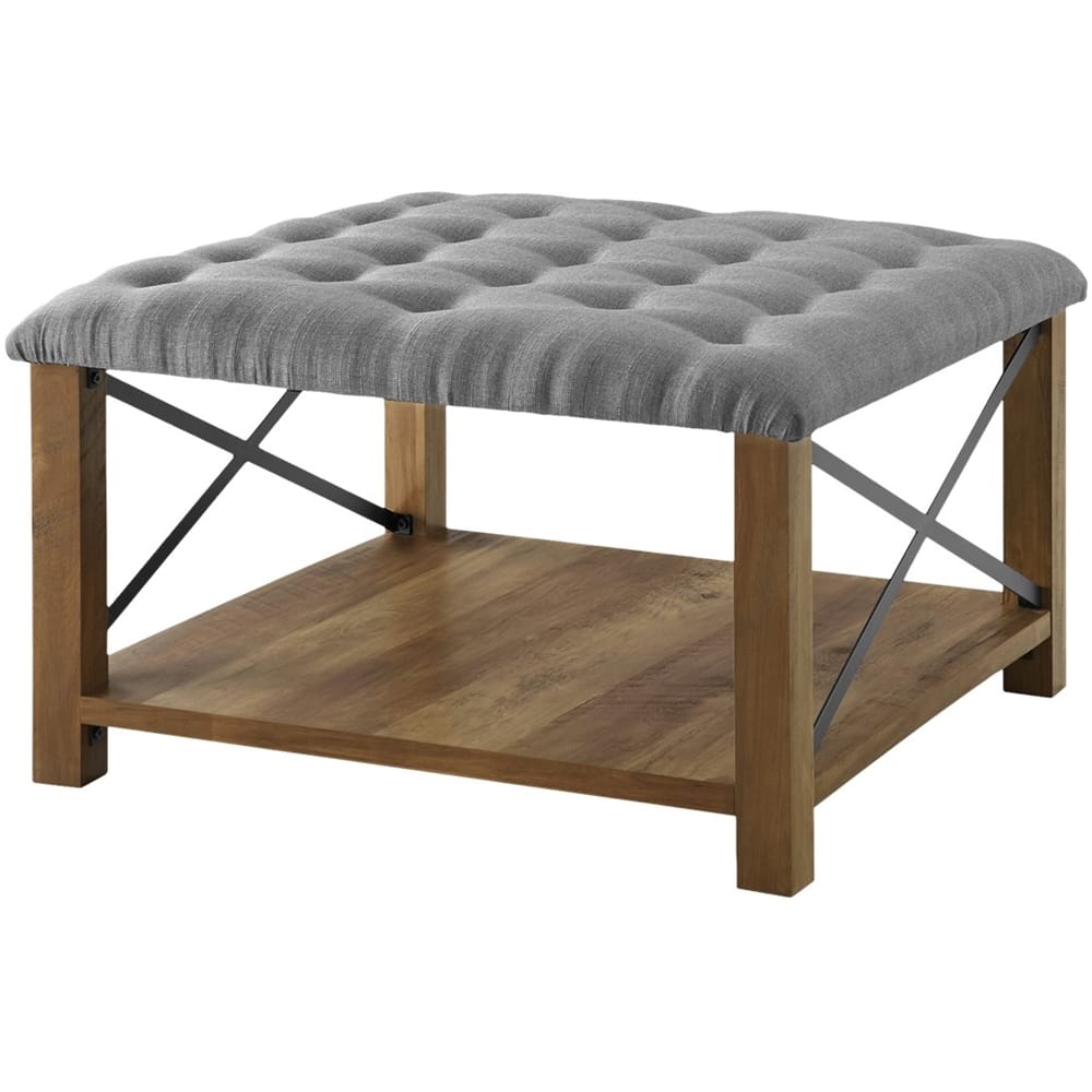 Alt View 11. Walker Edison - Farmhouse Tufted Ottoman - Gray/Rustic Oak.