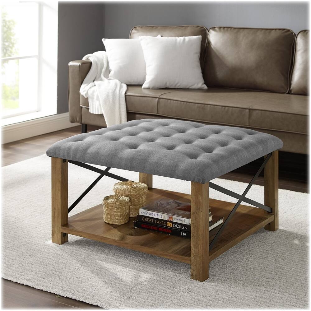 Alt View 13. Walker Edison - Farmhouse Tufted Ottoman - Gray/Rustic Oak.