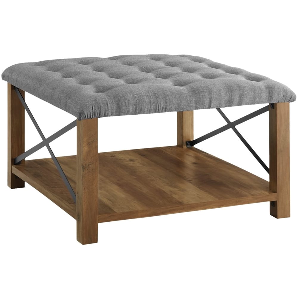 Left. Walker Edison - Farmhouse Tufted Ottoman - Gray/Rustic Oak.