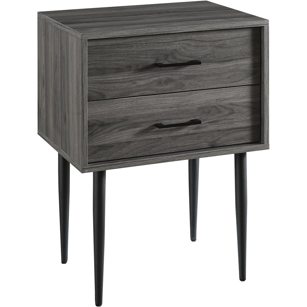 Left View: Walker Edison - Square Mid-Century Modern High-Grade MDF / Durable Laminate 2-Drawer Side Table - Slate Gray