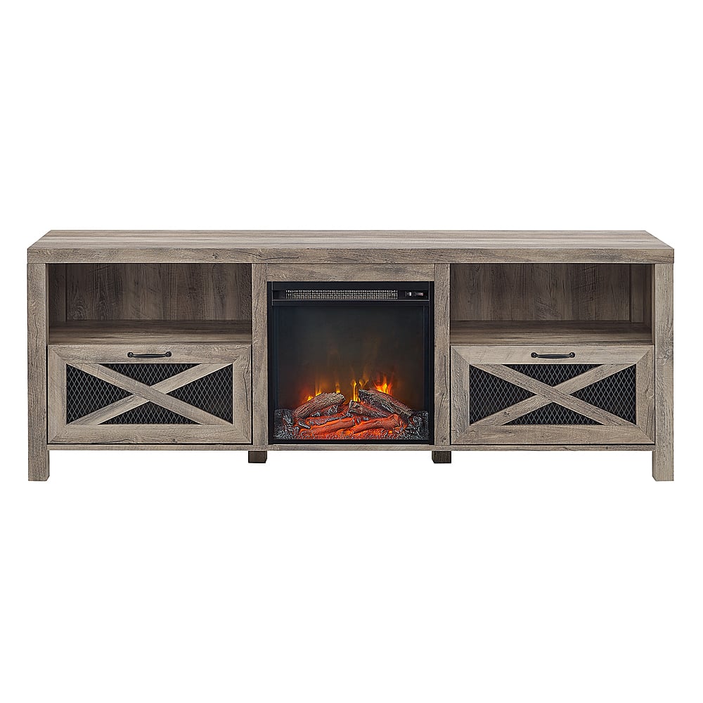 Front. Walker Edison - 70" Modern Farmhouse Drop Door Cabinet Fireplace TV Stand for Most TVs up to 80" - Grey Wash.