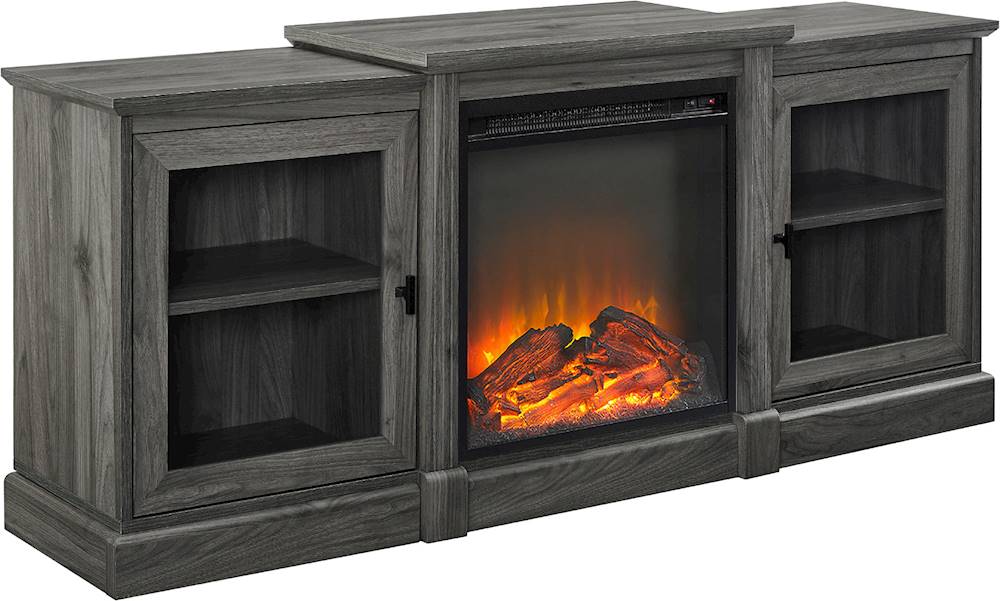 Angle View: Walker Edison - Traditional Glass Two Door Tiered Mantle Fireplace TV Stand for Most TVs up to 65" - Slate Grey