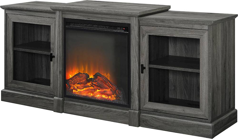 Left View: Walker Edison - Traditional Glass Two Door Tiered Mantle Fireplace TV Stand for Most TVs up to 65" - Slate Grey