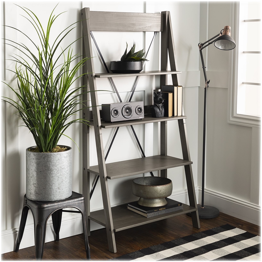 Left View: Walker Edison - Ladder Solid Pine Wood 4-Shelf Bookcase - Gray