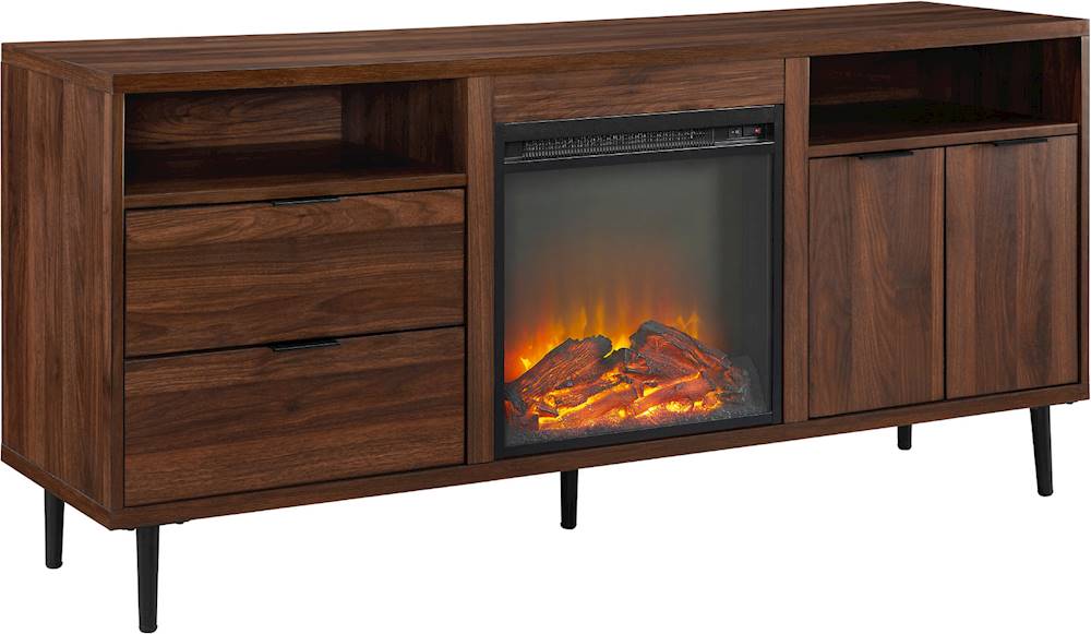 Angle View: Walker Edison - Modern Two Drawer Fireplace TV Stand for Most TVs up to 65” - Dark Walnut