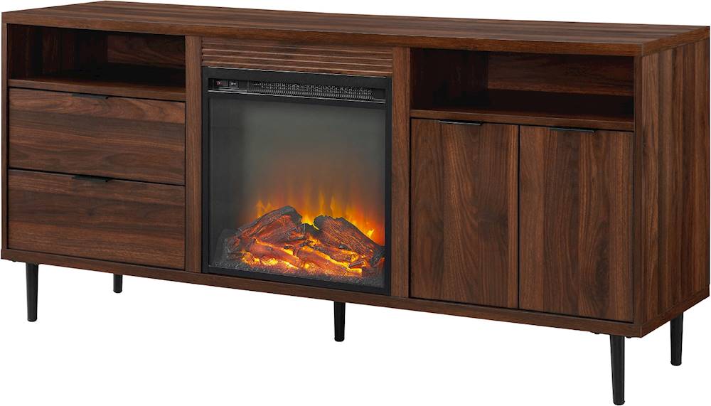 Left View: Walker Edison - Modern Two Drawer Fireplace TV Stand for Most TVs up to 65” - Dark Walnut