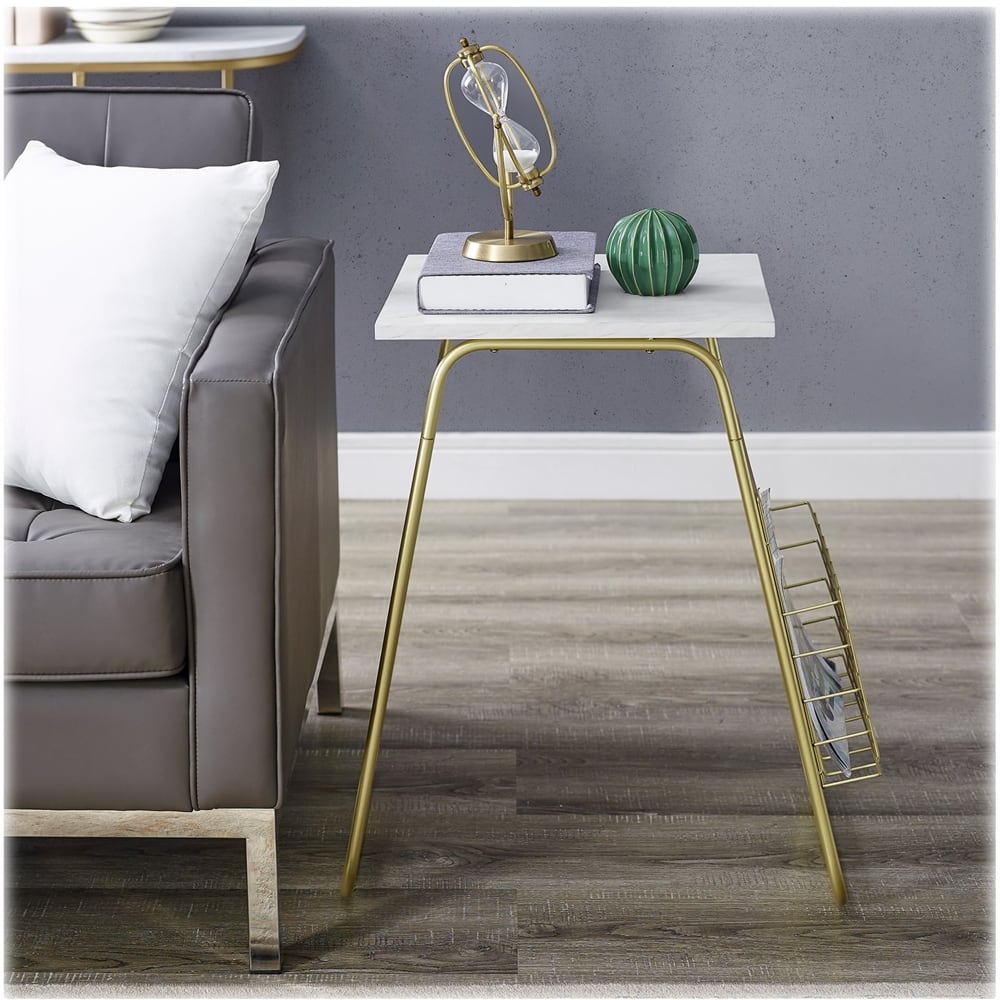 Left View: Walker Edison - Square Modern Laminate / High-Grade MDF Side Table - White Faux Marble