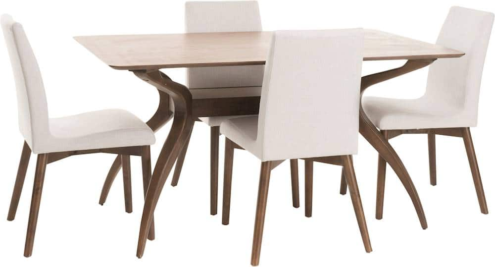 Angle View: Noble House - Albion Rectangular Mid-Century Wood 5-Piece Dining Set - Natural Walnut/Light Beige