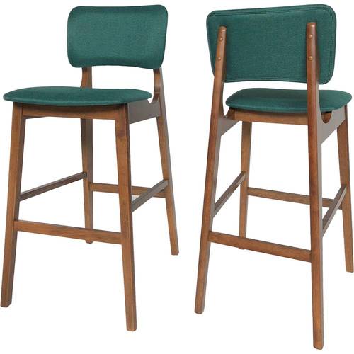 Noble House - Hoxie Rubber Wood and Fabric Barstool (Set of 2) - Dark Green/Walnut