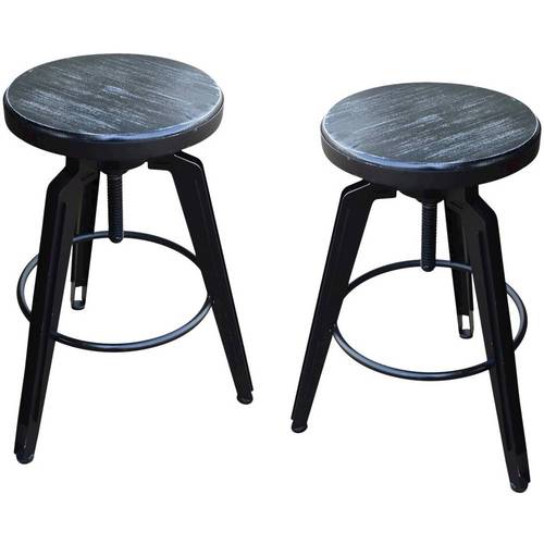 Noble House - Oxley Iron and Fir Wood Adjustable Barstools (Set of 2) - Black/Brushed Dark Gray