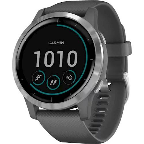Left View: Garmin vívoactive® 4 Silver Stainless Steel Bezel with Shadow Gray Case and Silicone Band