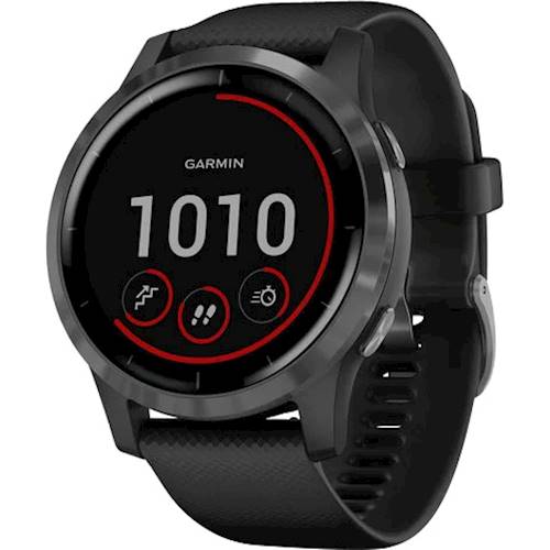 Left View: Garmin vívoactive® 4 Slate Stainless Steel Bezel with Black Case and Silicone Band