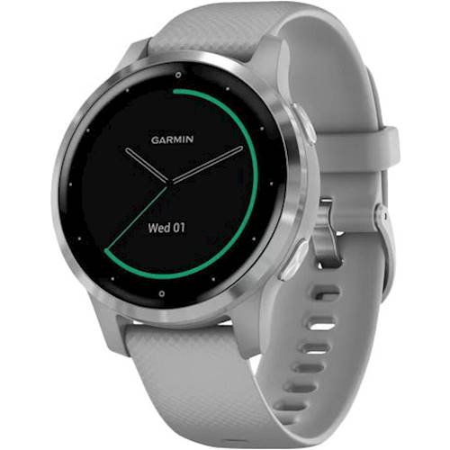 Left View: Garmin vívoactive® 4S Silver Stainless Steel Bezel with Powder Gray Case and Silicone Band [OPEN BOX]