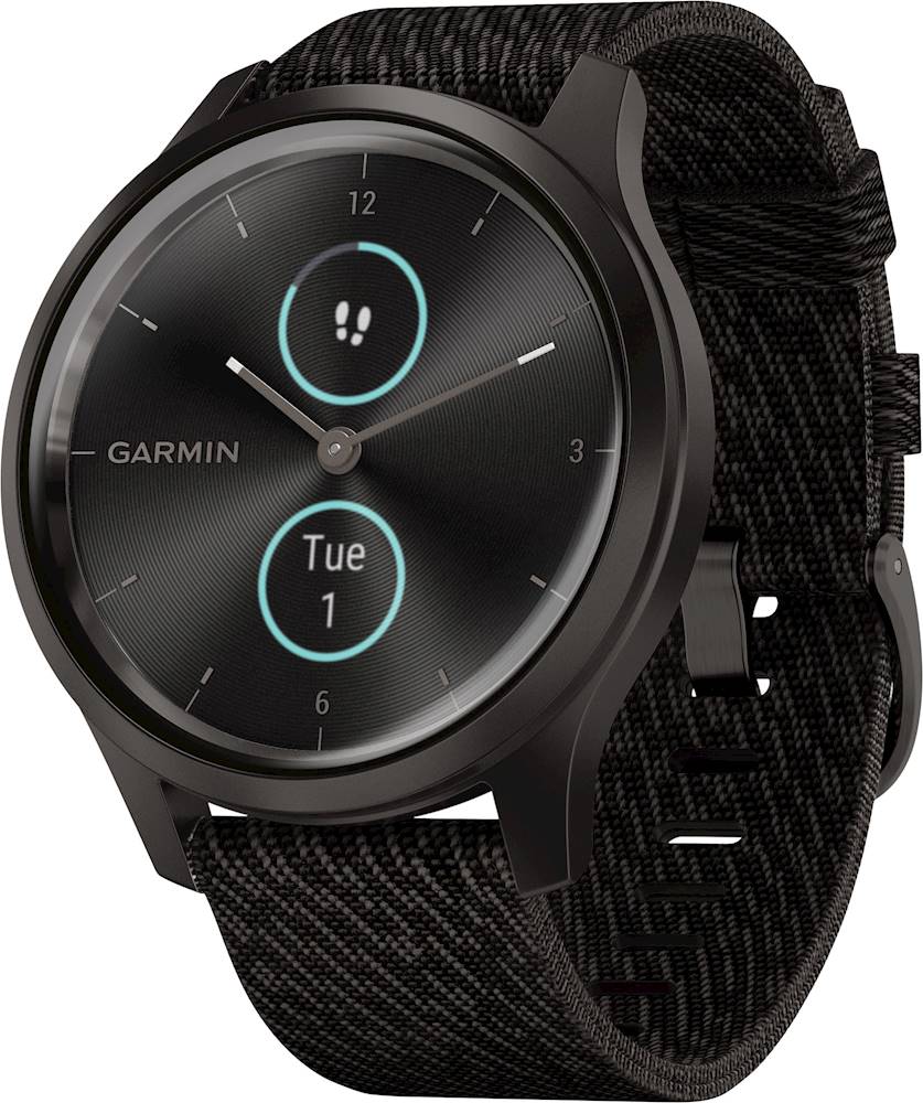 Left View: Garmin - vívomove Style Hybrid Smartwatch 30mm Aluminum - Graphite With Black Pepper Woven Nylon Band