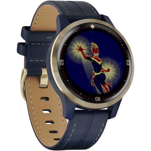 Angle View: Garmin - Legacy Hero Series Captain Marvel Smartwatch 40mm Fiber-Reinforced Polymer - Danvers Blue With Leather Band