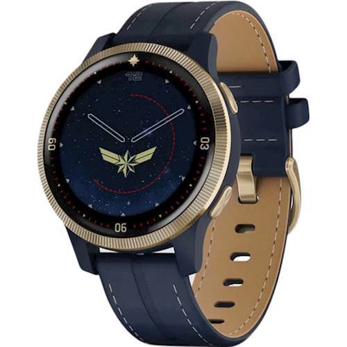 Left View: Garmin - Legacy Hero Series Captain Marvel Smartwatch 40mm Fiber-Reinforced Polymer - Danvers Blue With Leather Band
