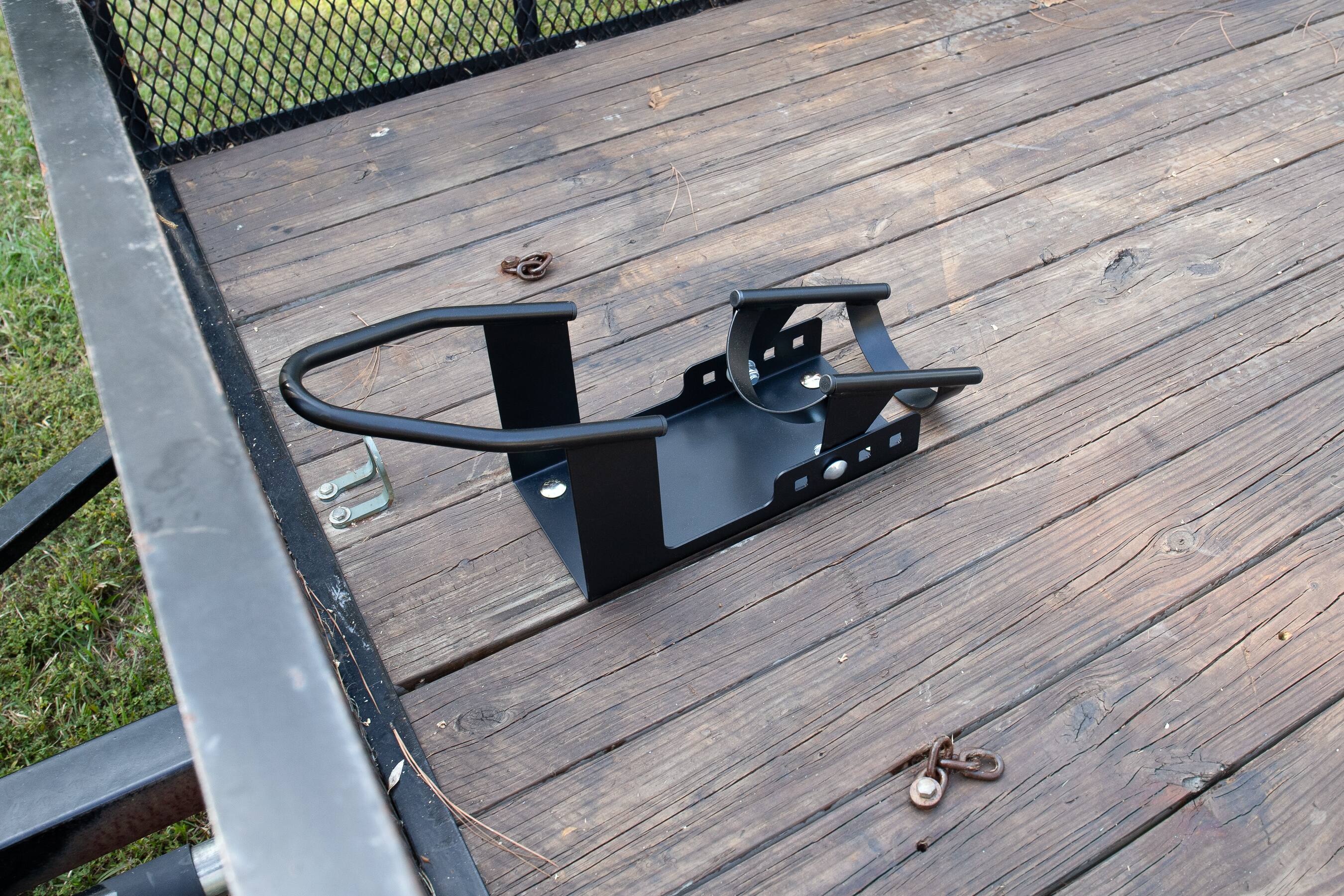 Alt View 3. Camco - Camco Motorcycle Wheel Chock Mount with Handlebar Straps & Universal Tire Fit - Black.