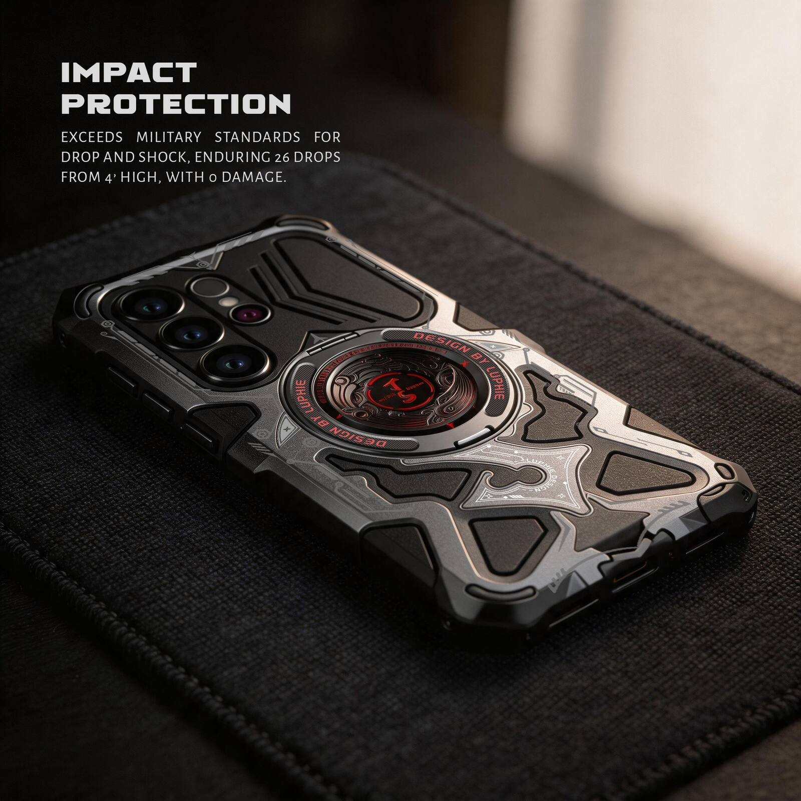 IMPACT PROTECTION  
EXCEEDS MILITARY STANDARDS FOR DROP AND SHOCK, ENDURING 26 DROPS FROM 4' HIGH, WITH 0 DAMAGE.  
DESIGN.BACK.COM PRIMA - DESIGN BY LUPHIE LUPHIE DESIGN