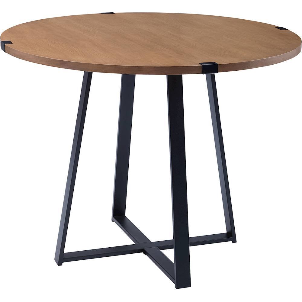 Left View: Walker Edison - Round Urban Industrial Wood Veneer / High-Grade MDF Table - English Oak