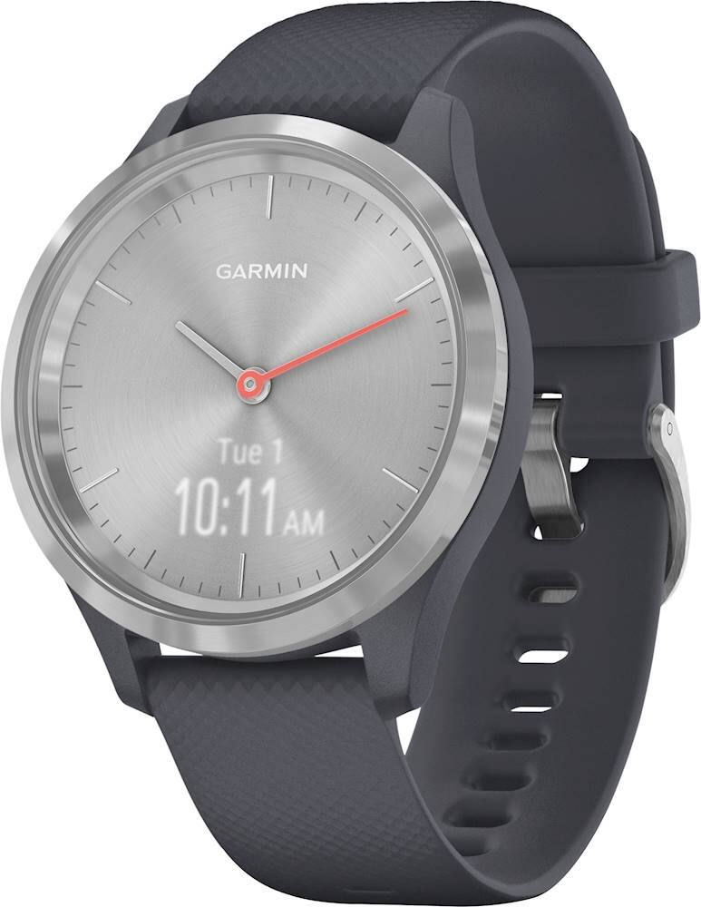 Left View: Garmin - vívomove 3S Hybrid Smartwatch 39mm Fiber-Reinforced Polymer - Silver With Granite Blue Case And Silicone Band