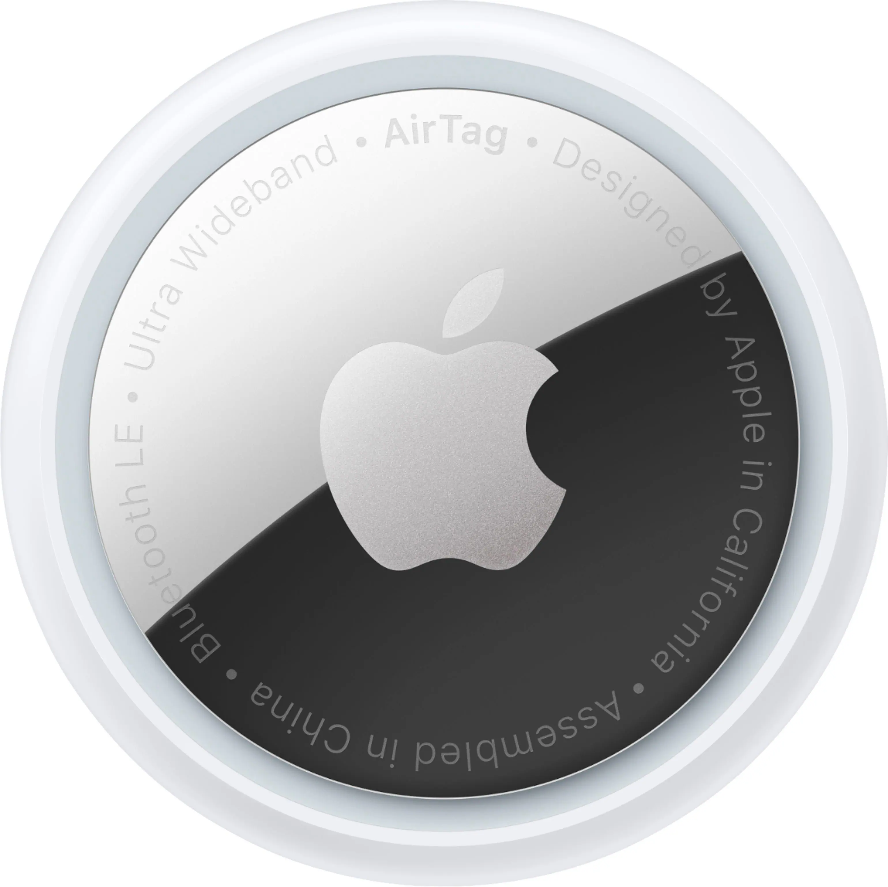 The image features an Apple AirTag, which is a small, circular device designed by Apple. It is made in California and assembled in China. The AirTag is a Bluetooth-enabled item tracker that can be attached to various objects to keep track of their location. The device is designed with a sleek and modern aesthetic, making it a stylish accessory for everyday use.