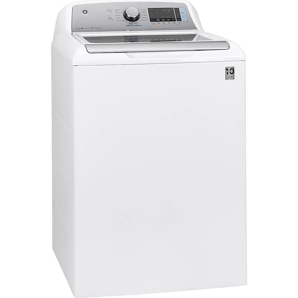 Angle View: GE - 5 Cu. Ft. High-Efficiency Top Load Washer - White On White With Silver Backsplash
