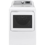 Front. GE - 7.4 Cu. Ft. 12-Cycle Gas Dryer with HE Sensor Dry - White on White/Silver Backsplash.