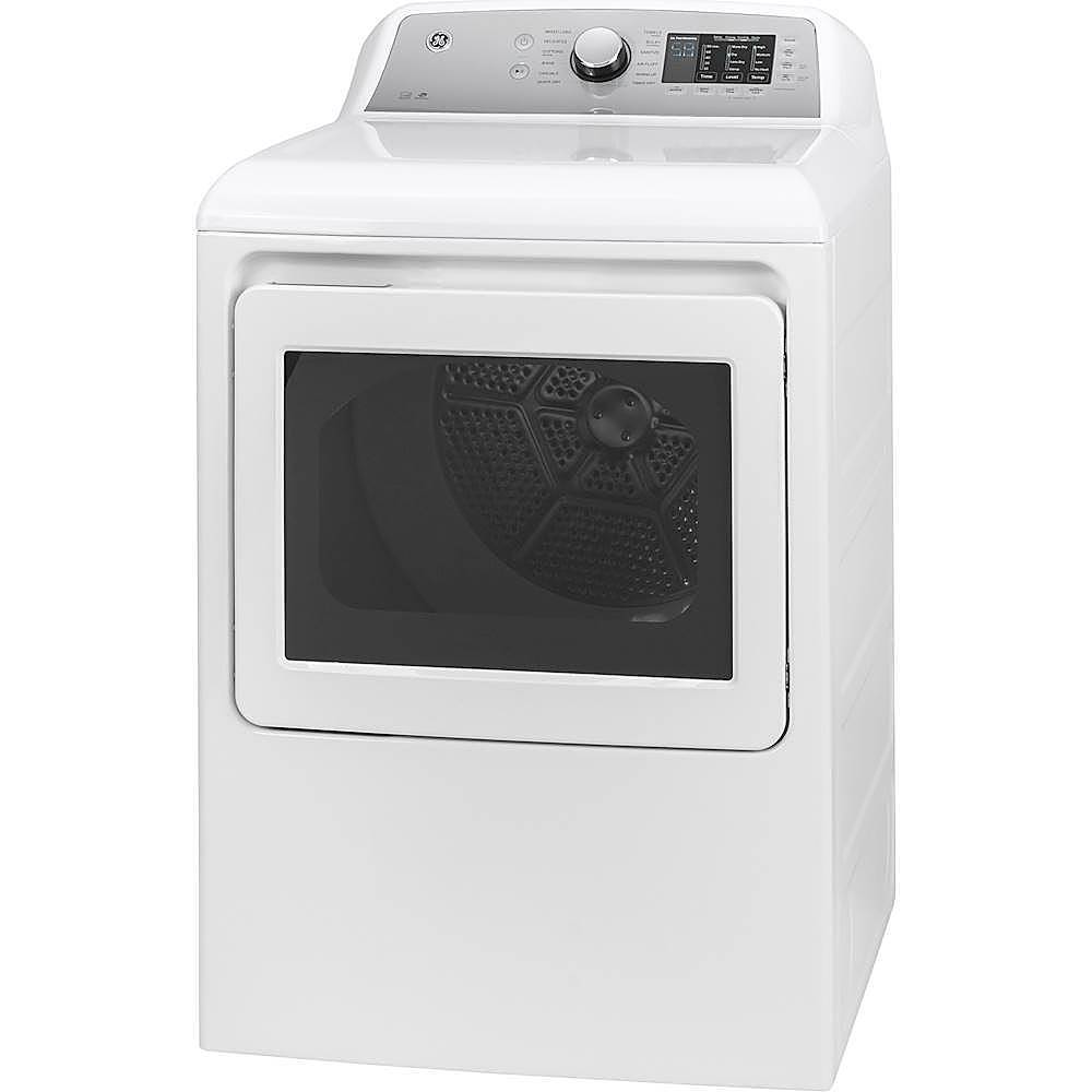 Left View: GE - 7.4 Cu. Ft. 12-Cycle Gas Dryer with HE Sensor Dry - White on White/Silver Backsplash