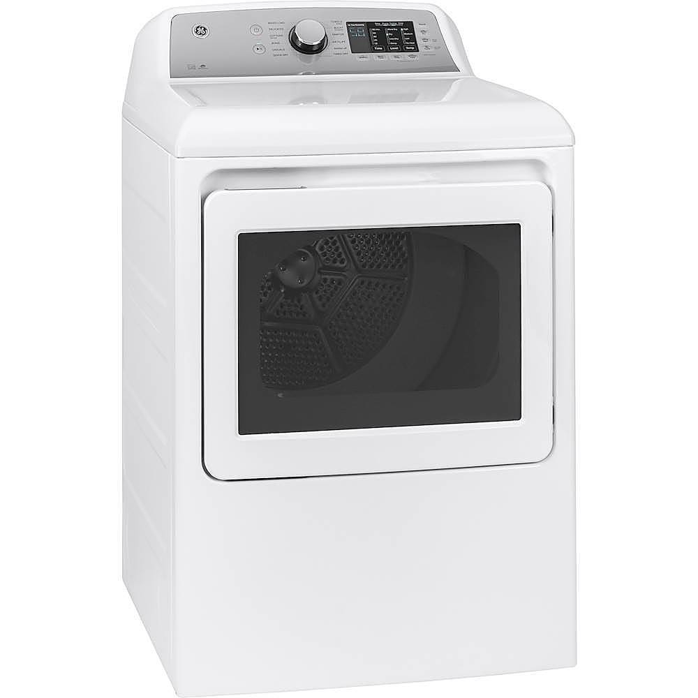 Angle View: GE - 7.4 Cu. Ft. 12-Cycle Electric Dryer with HE Sensor Dry - White on white with silver backsplash