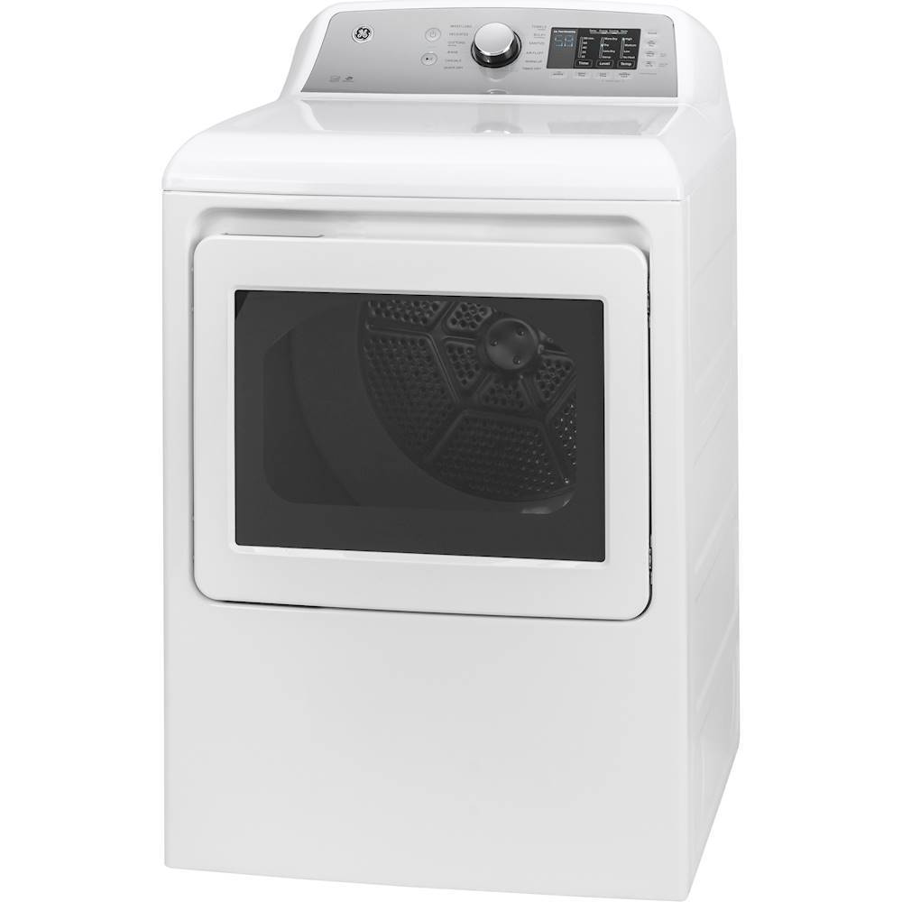 Left View: GE - 7.4 Cu. Ft. 12-Cycle Electric Dryer with HE Sensor Dry - White on white with silver backsplash