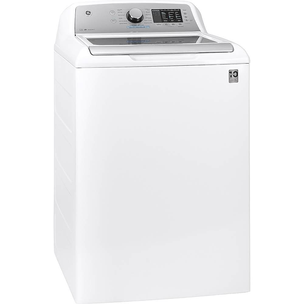 Angle View: GE - 4.8 Cu. Ft.  High-Efficiency Top Load Washer - White With Silver Backsplash