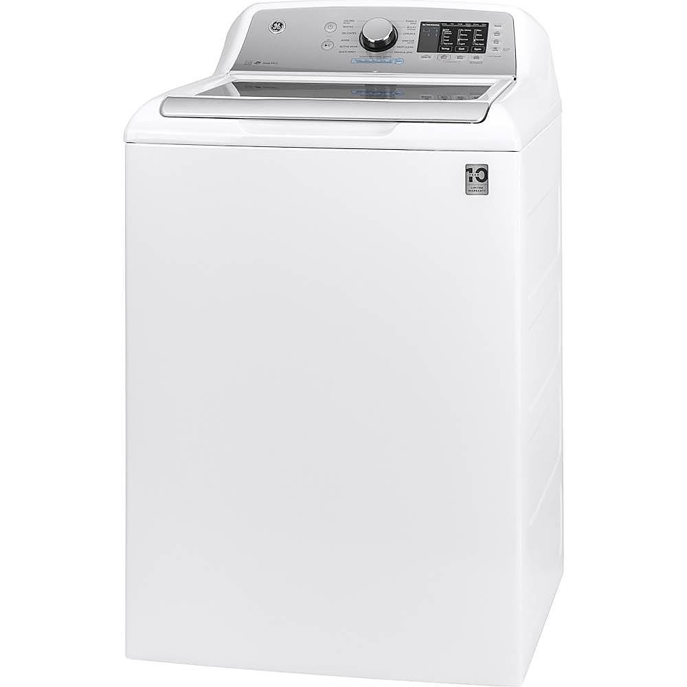Left View: GE - 4.8 Cu. Ft.  High-Efficiency Top Load Washer - White With Silver Backsplash