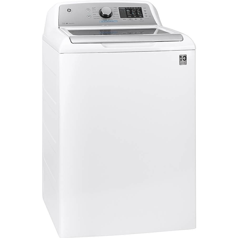 Angle View: GE - 4.6 Cu. Ft. High-Efficiency Top Load Washer - White On White With Silver Backsplash