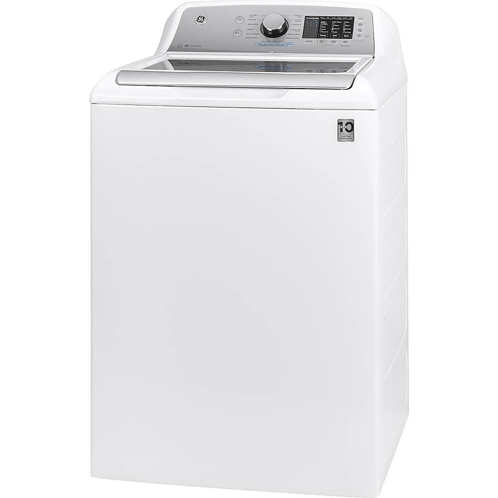 Left View: GE - 4.6 Cu. Ft. High-Efficiency Top Load Washer - White On White With Silver Backsplash