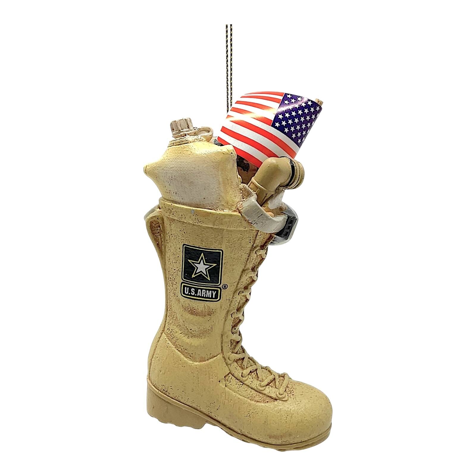 Front. Kurt S Adler - Kurt Adler US Army Boot with USA American Flag and Icons Resin Christmas Tree Ornament 4.75 inch - Beige.