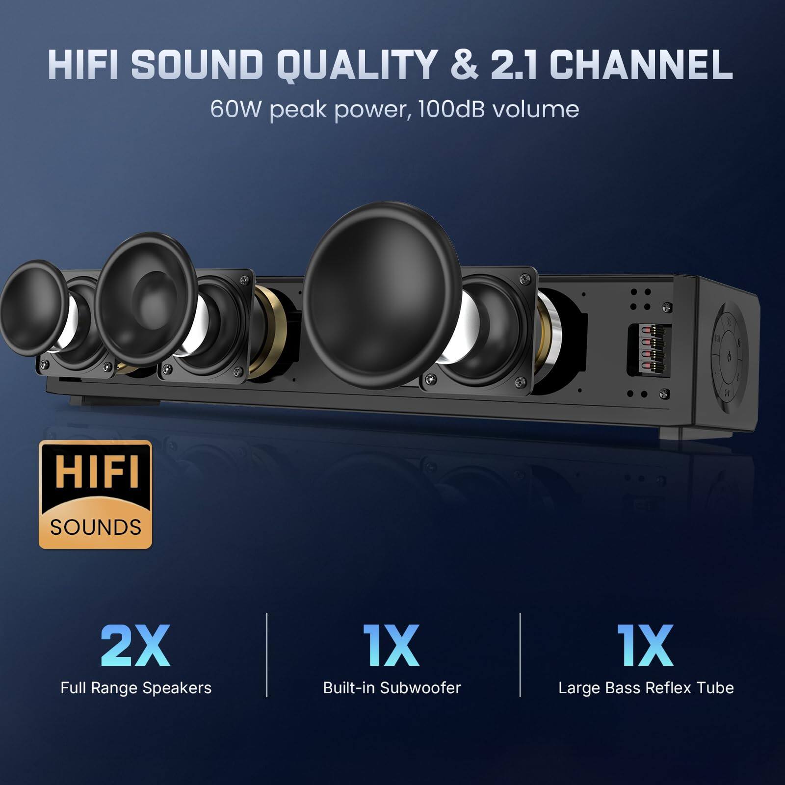 HIFI SOUND QUALITY & 2.1 CHANNEL  
60W peak power, 100dB volume  

HIFI SOUNDS  
2X Full Range Speakers  
1X Built-in Subwoofer  
1X Large Bass Reflex Tube