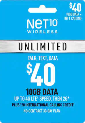Front. Net10 - $40 Unlimited 30-Day Plan Plus $20 International Calling Credit Plan (Email Delivery).