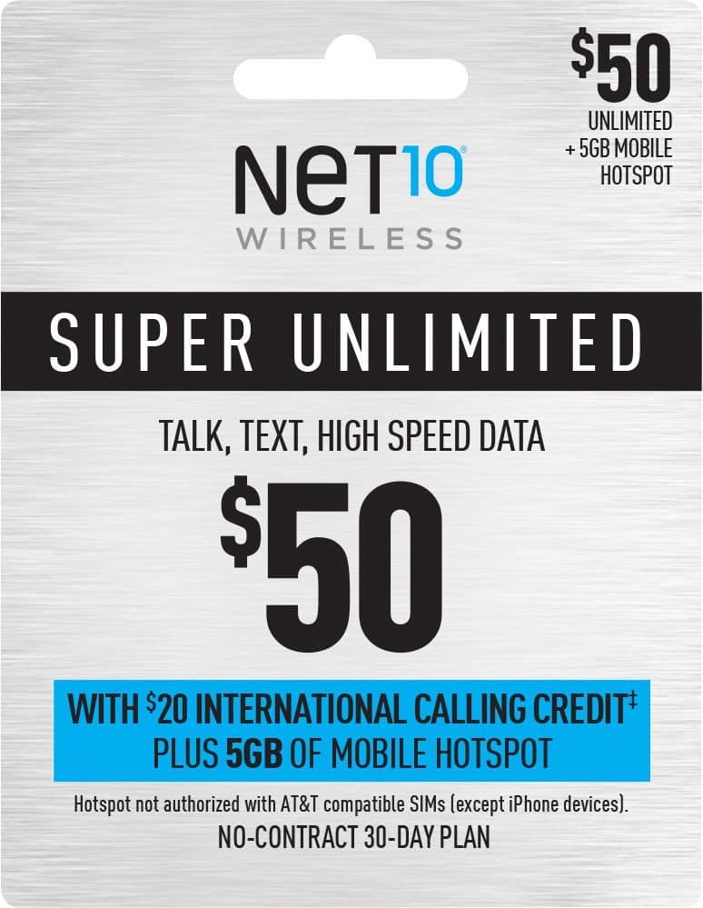 Front. Net10 - $50 Super Unlimited 20-Day plan, $20 International Calling Credit Plan Plus 5GB of Mobile Hotspot (Email Delivery).