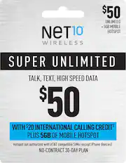 Front. Net10 - $50 Super Unlimited 20-Day plan, $20 International Calling Credit Plan Plus 5GB of Mobile Hotspot (Email Delivery).