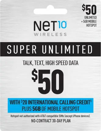 Front. Net10 - $50 Super Unlimited 20-Day plan, $20 International Calling Credit Plan Plus 5GB of Mobile Hotspot (Email Delivery).