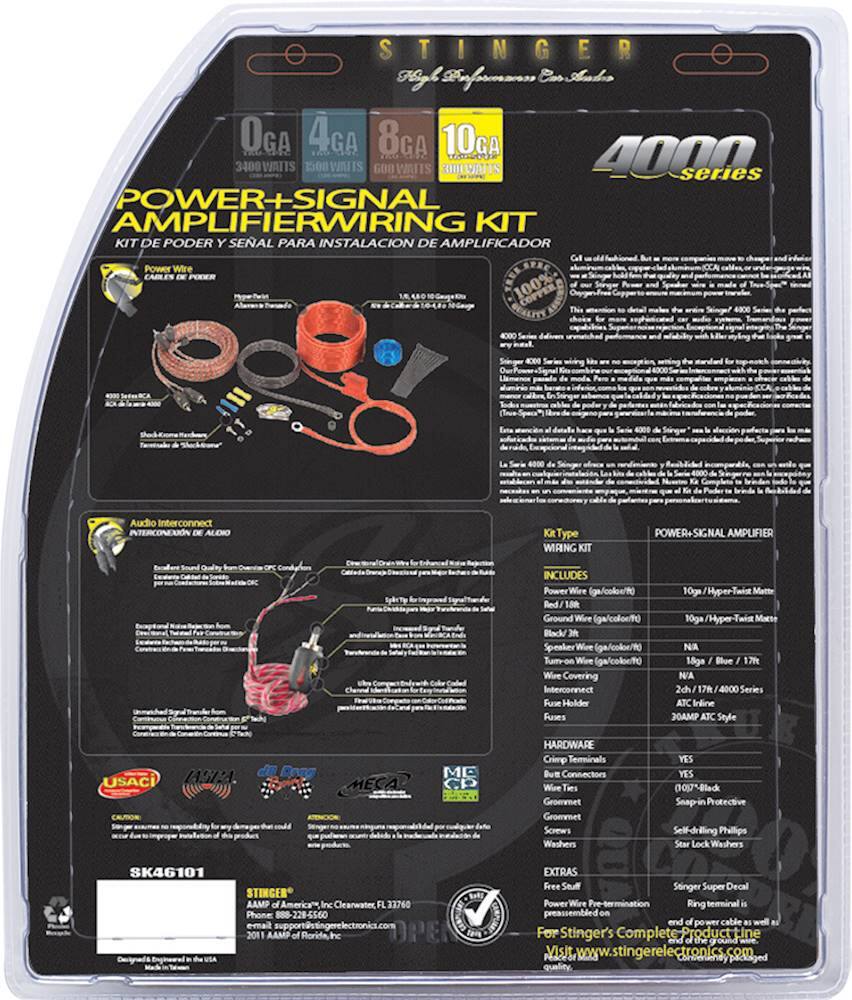 The image features a black and white box with the label "Power-Signal Amplifier Wiring Kit." The box contains a variety of wires, connectors, and other components for installing an amplifier. The wires come in different colors, such as red, black, and blue. The box also includes a fuse holder, fuses, and a variety of hardware, including crimper terminals, blue connectors, and washers. The wiring kit is designed for use with the 4000 series amplifier and is suitable for power and signal applications.