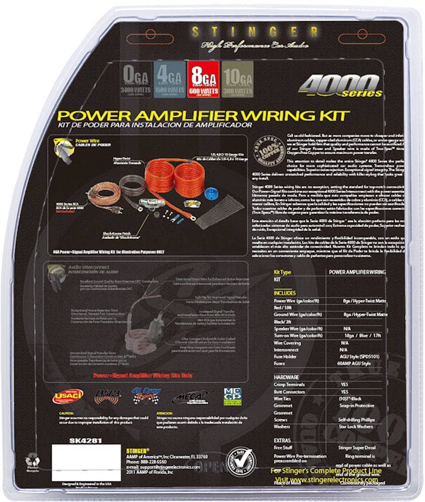 The image features a black and white box with the words "Power Amplifier Wiring Kit" written on it. The box contains a variety of wires, connectors, and other hardware for wiring a power amplifier. The wires come in different gauges and colors, including red, black, and white. There are also fuses and terminals included in the kit. The box is labeled with the name "Stinger" and has a phone number listed on it.