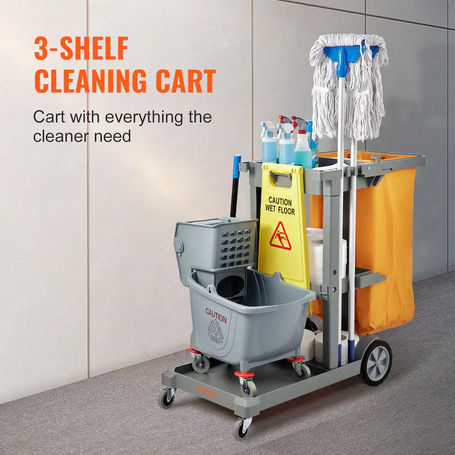 Mobile Clean Cart VEVOR Cleaning Cart, 3 Shelf Commercial Janitorial Cart, 200 lbs ...