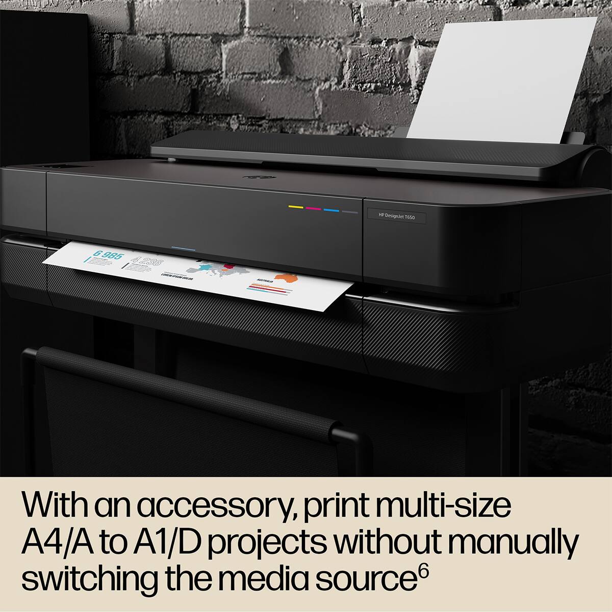 - DesignJet TUSO 6985 205 CT
- With an accessory, print multi-size A4/A to A1/D projects without manually switching the media source