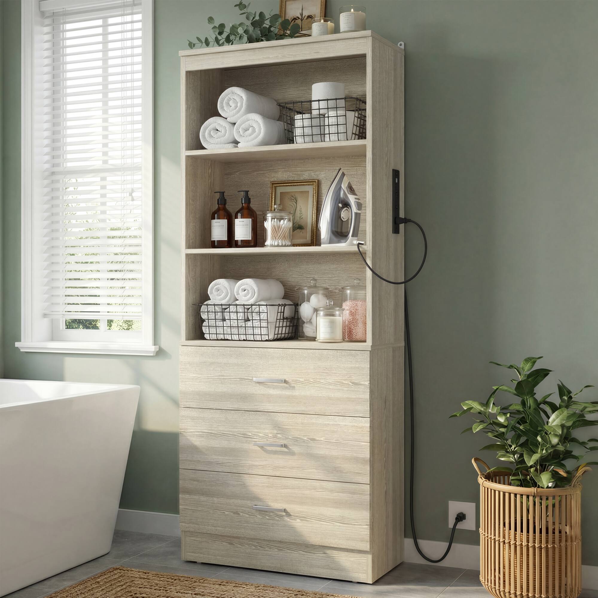 Front. Aheaplus - 71-Inch Wooden Bookshelf with USB Charging, 3 Drawers & Open Shelves for Living Room & Home Office - White Oak.